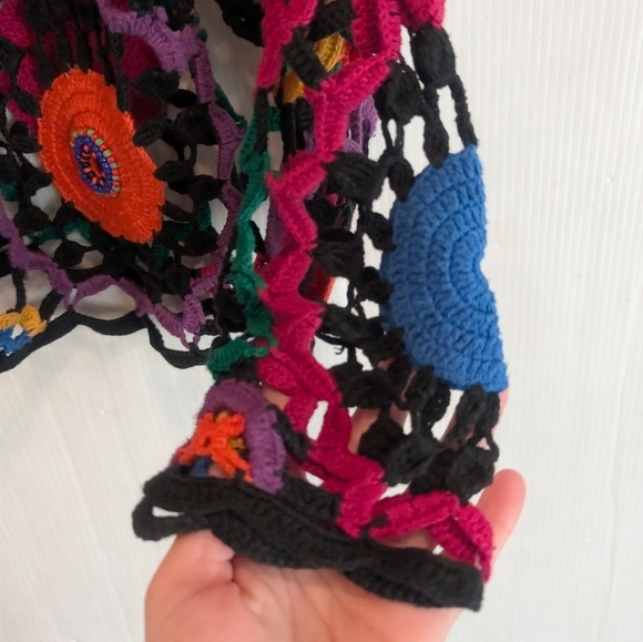 Vintage MY Sportswear Rainbow Colorful Crochet Beaded Open Knit Top Boho Hippie - Picture 5 of 10